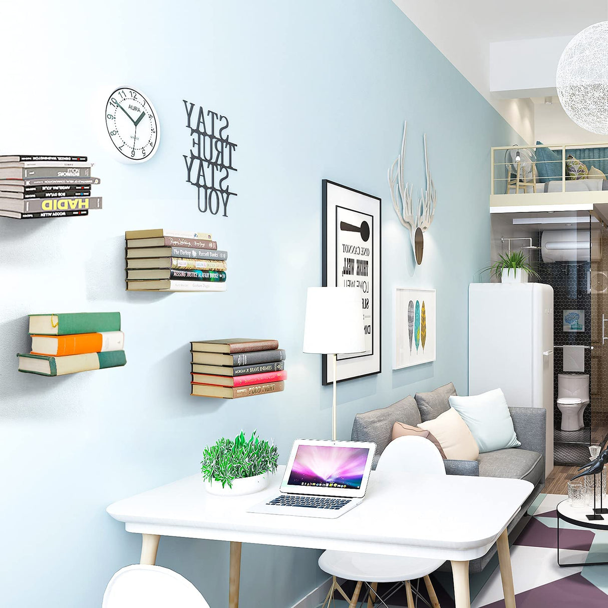 Fentec Invisible Floating Bookshelf, Wall Mounted Floating Bookshelves Heavy-Duty Book Organizers Hidden Book Shelf Metal Shelves Holder for Books Storage Bedroom Living Room Home Office, 4-Pack White FENTEC