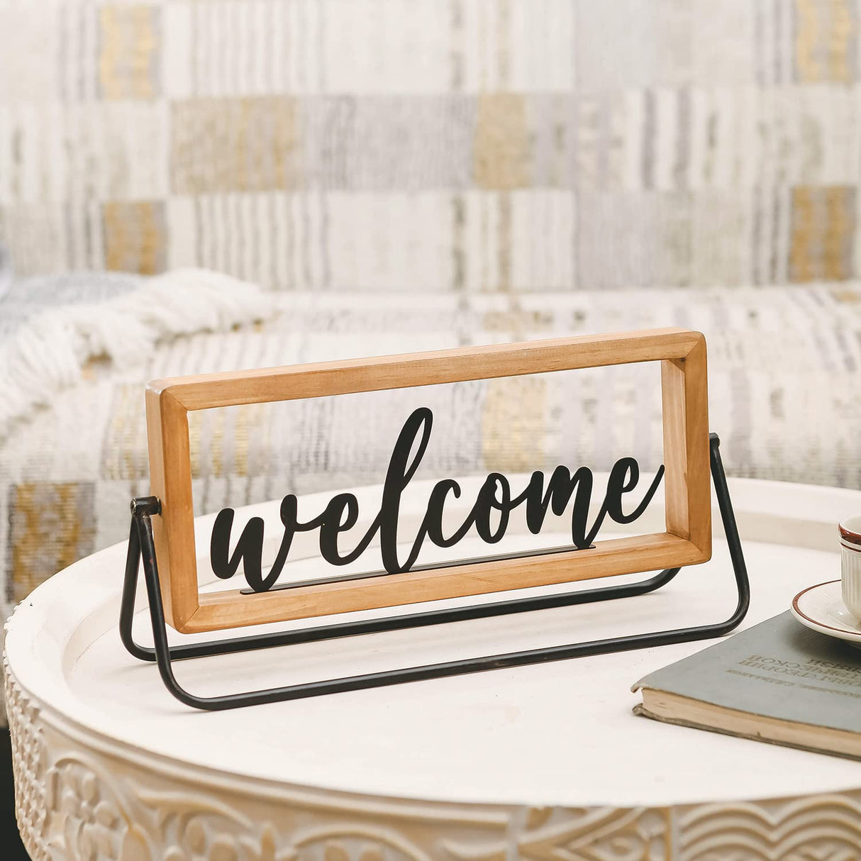 NIKKY HOME Rustic Wooden Home Sign Decorative Cutout Letters Freestanding Block Word Sign Hanging Ornament Table Shelf Decor (Welcome) NIKKY HOME