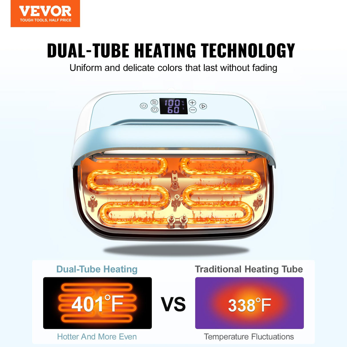 VEVOR Heat Press Machine - 12" x 10" Portable Heat Press - Heat Transfer Machine with Precise Temp Control and Auto-Off Dual-Tube Even Heating - Sublimation Machine for T-Shirts/Bags(Blue+White) VEVOR