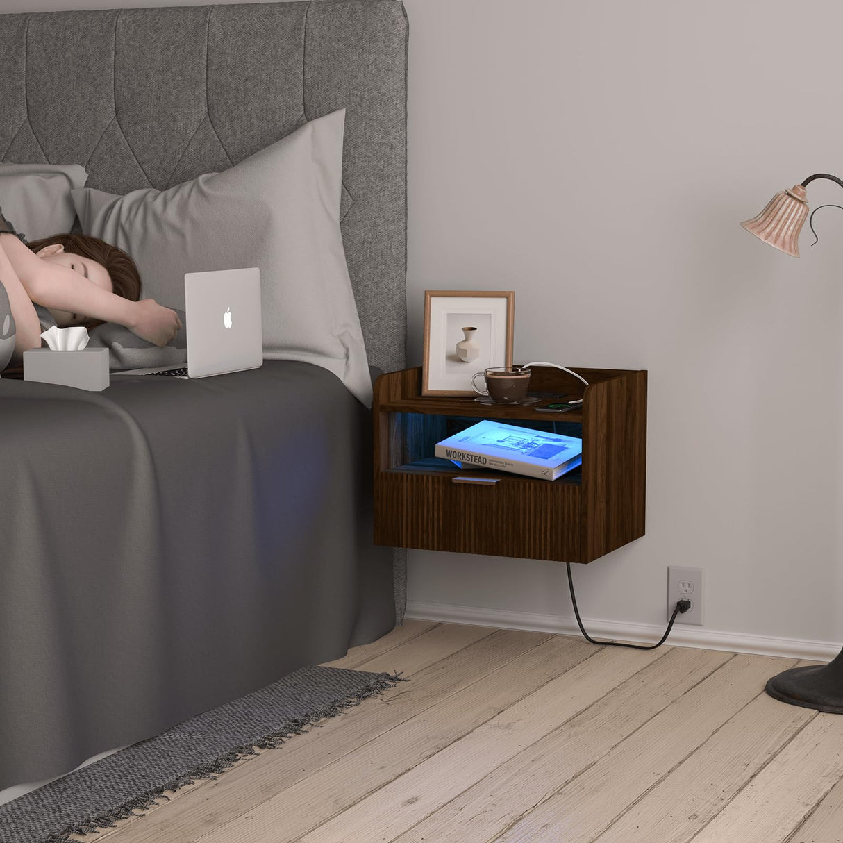 Veegle Floating Nightstand with Charging Station and LED Lights (Walnut Brown) Veegle