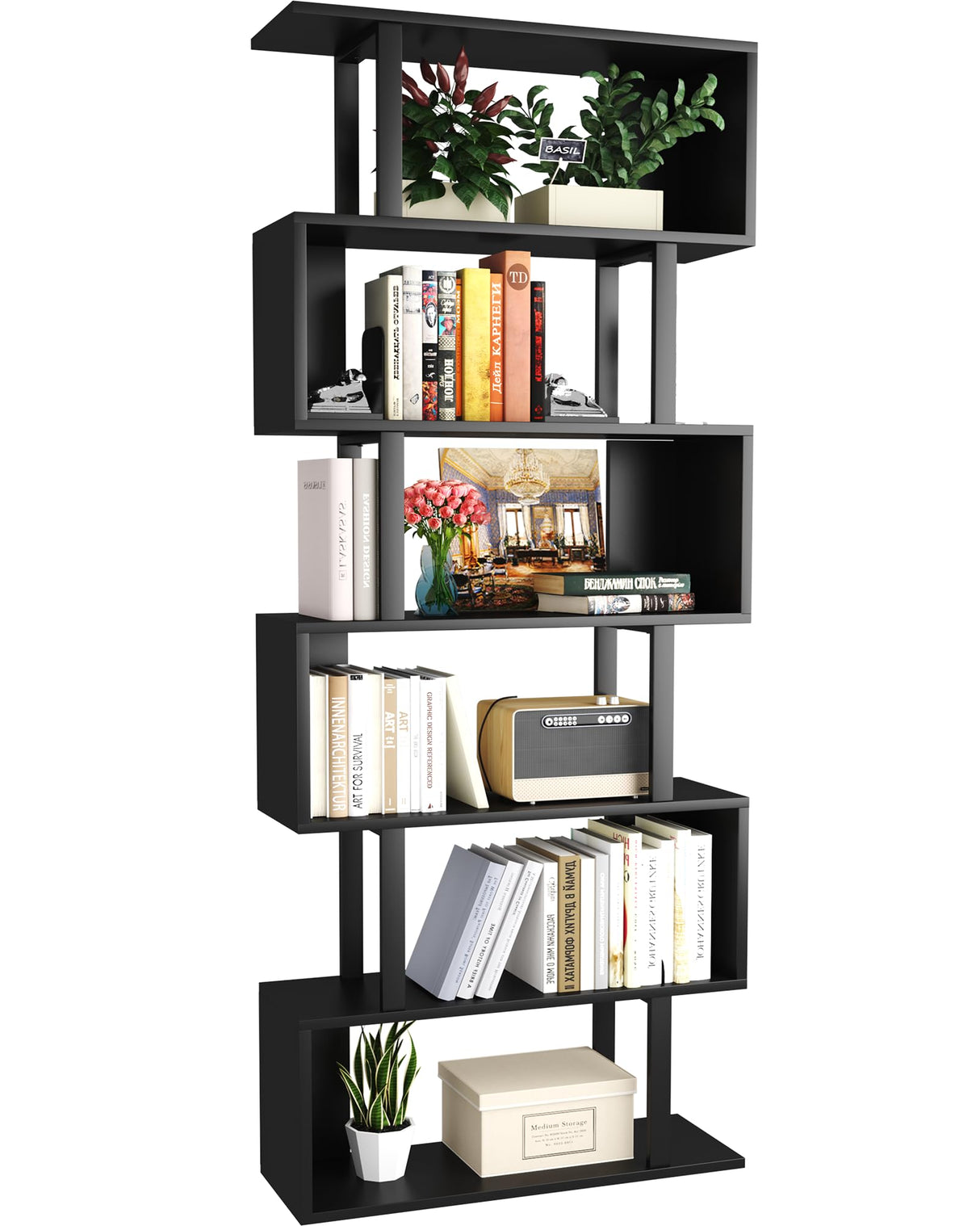Yusong S Shaped Bookshelf, Modern Geometric Bookcase, 6-Tier Black Display Case Book Shelf Yusong