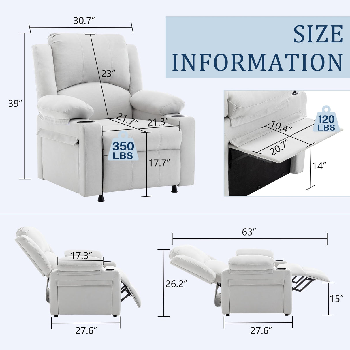 Power Recliner Chair for Adults,Upholstered Nursery Reclining Sofa Chair,Heating Point Massage Theater Seating Single Sofa with Side Pockets Table for Living Room-Grey White Alunaune