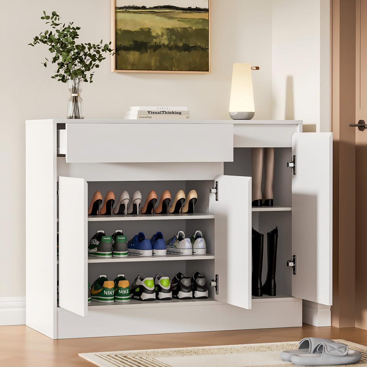 Housoul Shoe Cabinet Storage with 3 Doors, Freestanding Shoe Cabinet with Drawer & Adjustable Shelves, Wooden Shoe Organizer for Entryway, Hallway, White Housoul