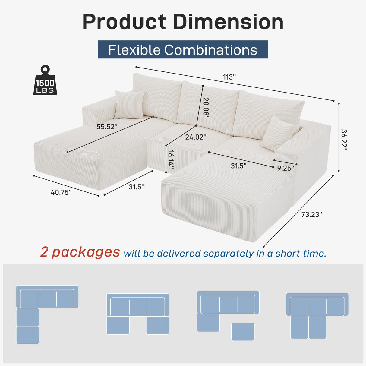Sectional Cloud Boneless Sofa Couches for Living Room-113'' Beige 3 Seater U-Shaped Modern Lounge Couch-No Assembly Modular Corduroy Convertible Sponge Sleeper Sofas with Chaise for Home House Living&Giving