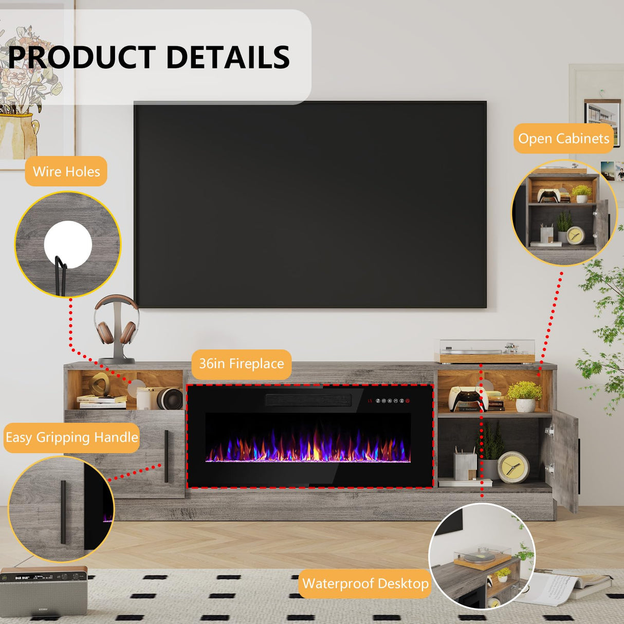 PRETZI Fireplace TV Stand with 36" Fireplace Up to 80" TVs,70" Entertainment Center with LED Lights,Remote Control,TV Media Console with Storage Cabinets for Living Room, Gray PRETZI