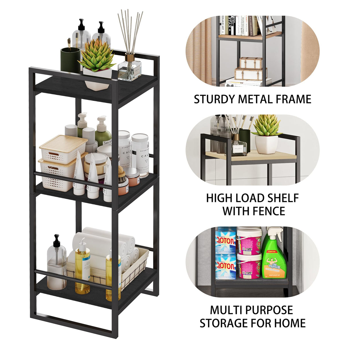 BYFU 3 Tier Bathroom Shelving Unit, Narrow Open Floor Shelves, Metal Corner Storage Rack for Bathroom Laundry Room Kitchen Living Room, Black BYFU