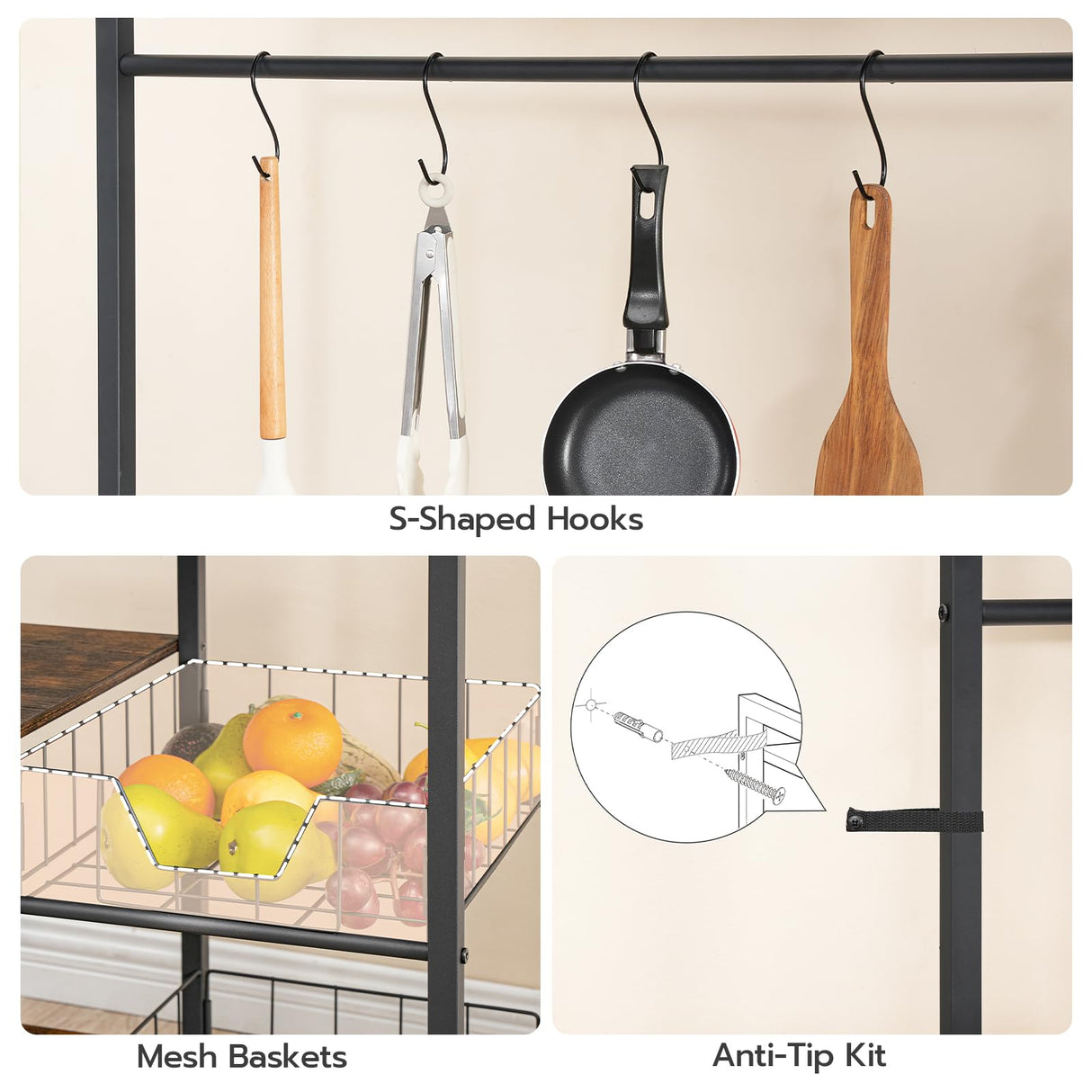 HOOBRO Rustic Brown and Black 5-Tier Bakers Rack with Power Outlets, Microwave Stand, and Storage Baskets HOOBRO