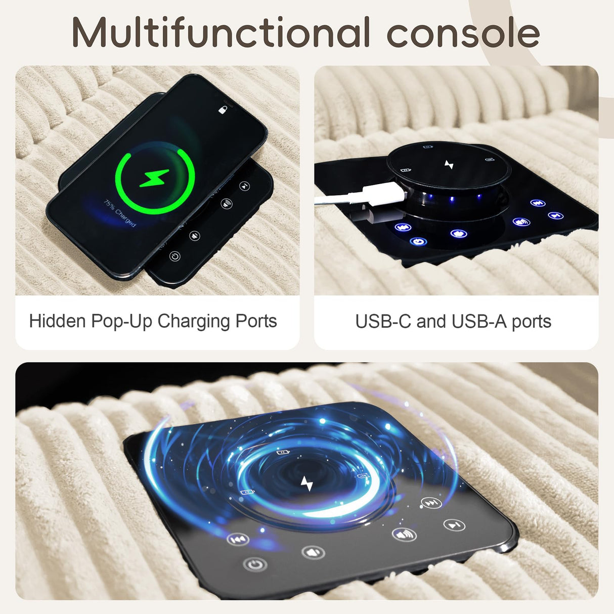 MAKIAAP 114" Corduroy Sectional Modular Couch with Bluetooth Speakers, L Shaped Couches Comfy Deep Sofa with Console, USB Charger, Cup Holders, Storage, Ottoman for Living Room (Beige, 114in) MAKIAAP