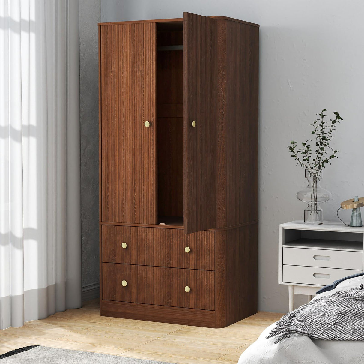 AraSyleon Wooden Wardrobe, Bedroom Armoire Closet with Drawers and Hanging Rod, Modern Fluted Gold Metal Handles, Large-Capacity Clothing Storage Cabinet, 66 inches Tall, Walnut AraSyleon