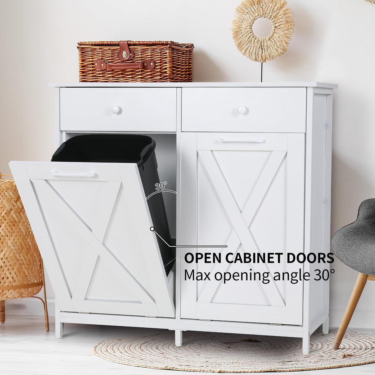 MAMIZO Double Tilt Out Trash Cabinet 10 Gallon*2,Kitchen Garbage Cabinet,Pet-Proof Standing Hidden Dual Laundry Sorter,W/Hideaway Drawer,for Kitchen,Living,Dining Room (White) MAMIZO