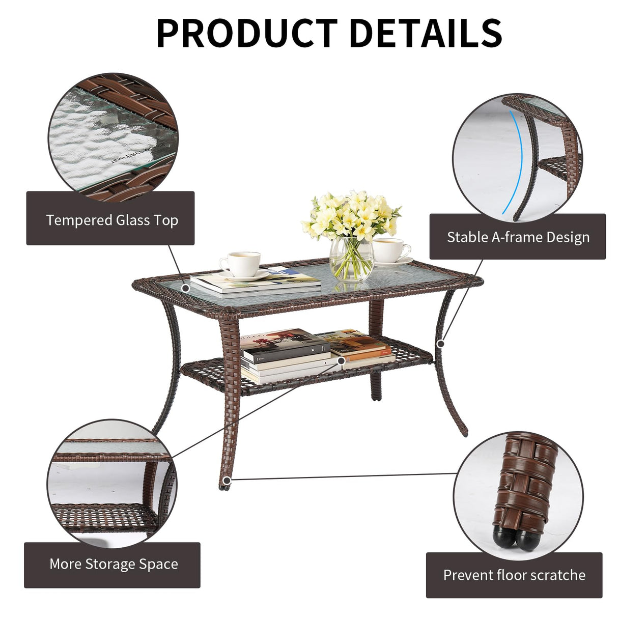 VINGLI Outdoor Coffee Table with Storage Wicker Patio Coffee Table, Tempered Glass Top Coffee Table for Patio Outside Balcony Porch Deck (Brown) VINGLI