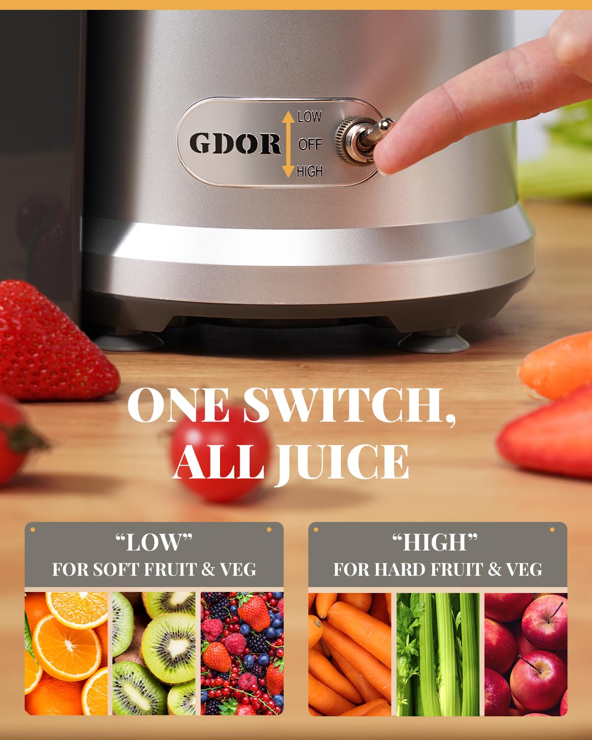 GDOR 1200W Juicer with Larger 3.2" Feed Chute, Titanium Enhanced Cutting System, Centrifugal Juice Extractor Maker with Heavy Duty Full Copper Motor, Dual Speeds, BPA-Free, Silver GDOR