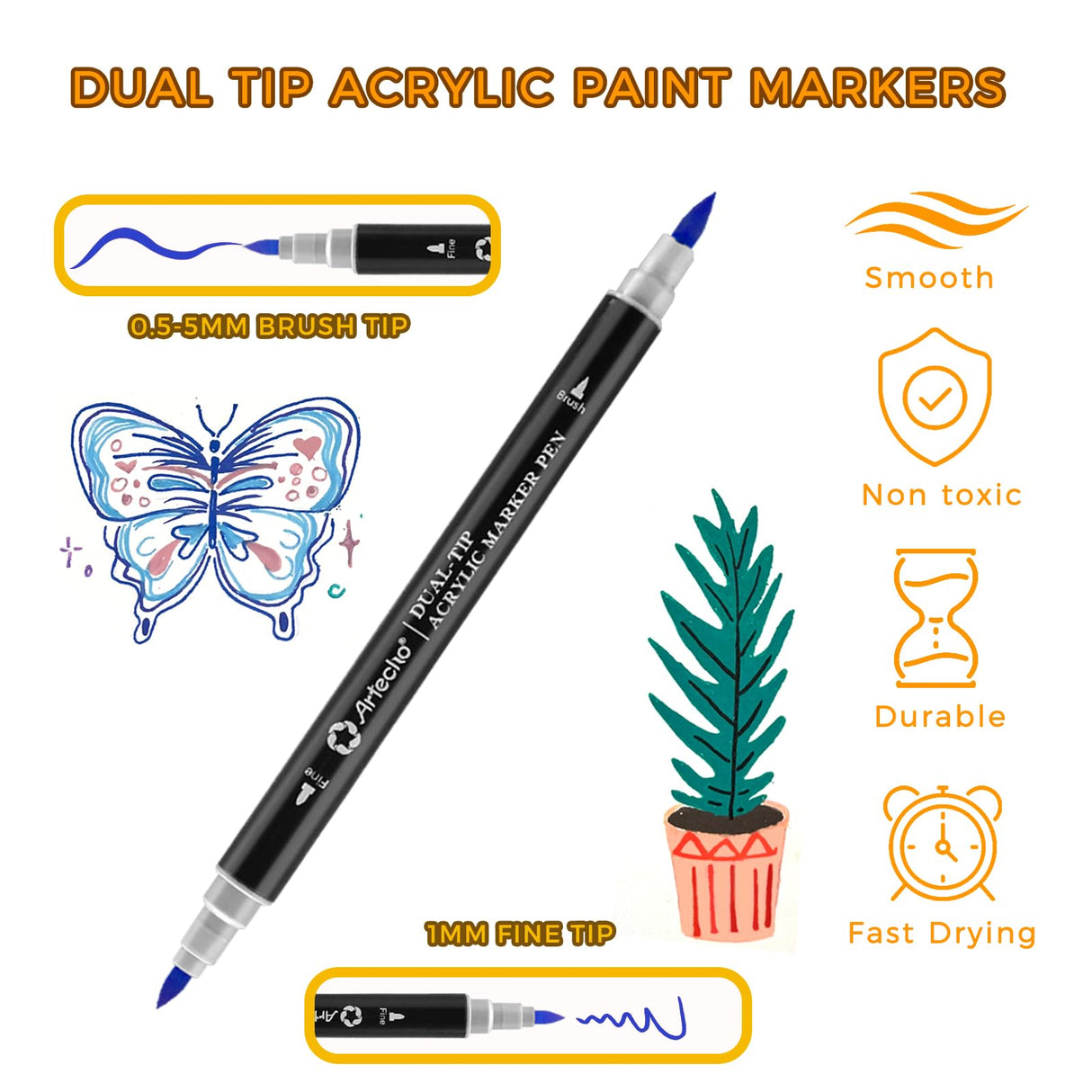 Artecho Acrylic Paint Pens 48 Colors, Dual Tip Acrylic Paint Markers with Brush Tip and Fine Tip for Rock Painting, Glass, Paper, Wood, Egg, Canvas, Ceramic, Fabric, leather, DIY Crafts Artecho