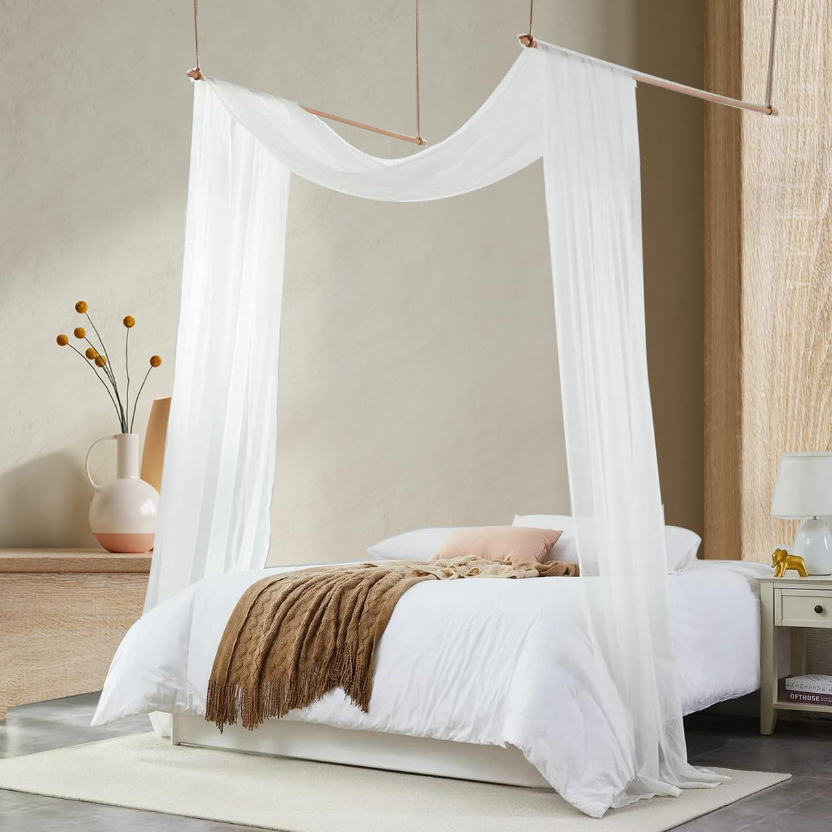 Bed Canopy for Girls & Adults, King to Twin Sizes - White Tulle Canopy Bed Curtains with Frame, 59" x 255" Comtelek