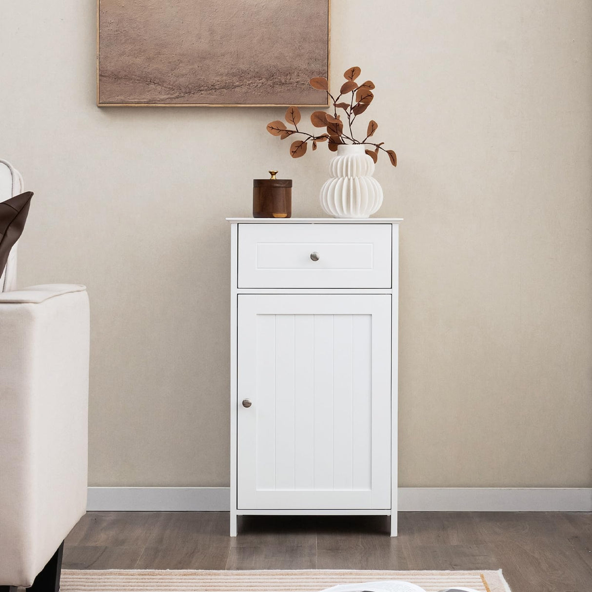 Giantex White Freestanding Storage Cabinet with Drawer and Adjustable Shelf for Bathroom and Living Spaces Giantex