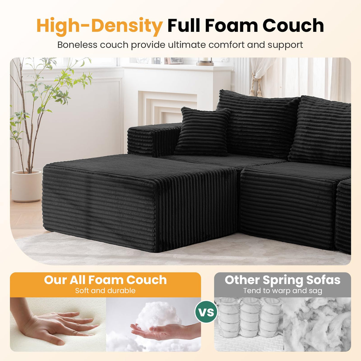136" U Shaped Cloud Couch Sectional Modular Couch with Deep Seat, 6 Seater Corduroy Couches, Boneless Sofa with 2 Removable Ottomans, Sectional Couches for Living Room, No Assembly Required, Black MODNEST