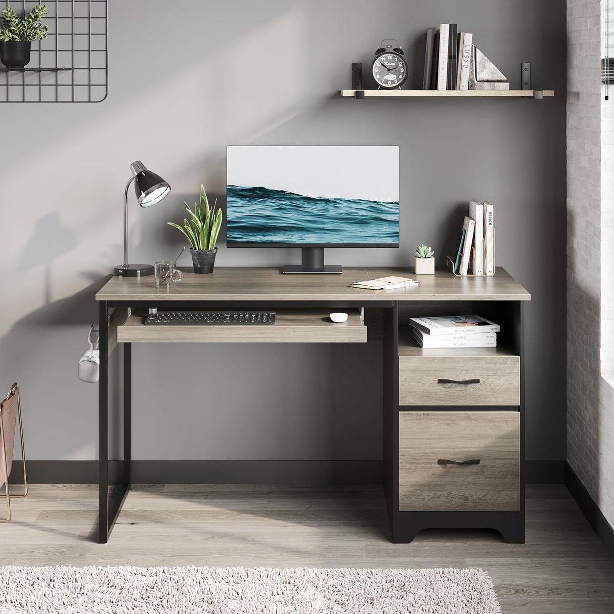 Bestier 48” Computer Desk with Drawers, Office Desk with Storage, Industrial Wood Writing Desk with File Drawer, Keyboard Tray & 2 Hooks for Home Office & Studio, Gray Bestier