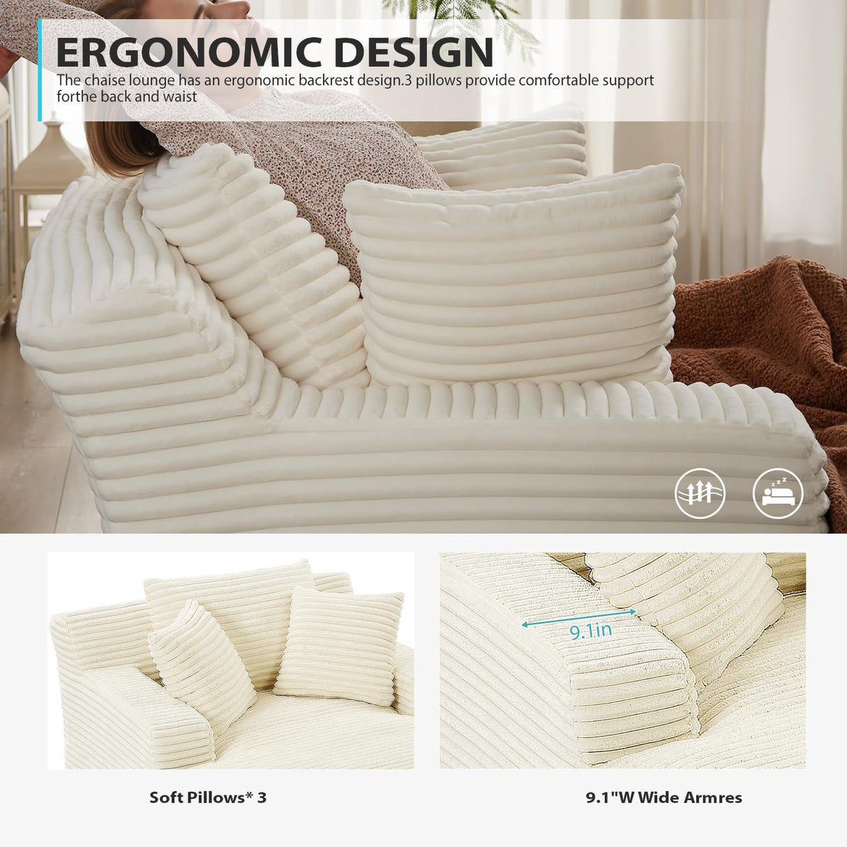 67 Inch Chaise Lounge Chair Indoor, Oversized Corduroy Upholstered Boneless Sofa Bed, Deep Seat Sleeper Couch Reading Chairs, Cloud Sofas Couches for Living Room, No Assembly Required (Beige) HANXIN