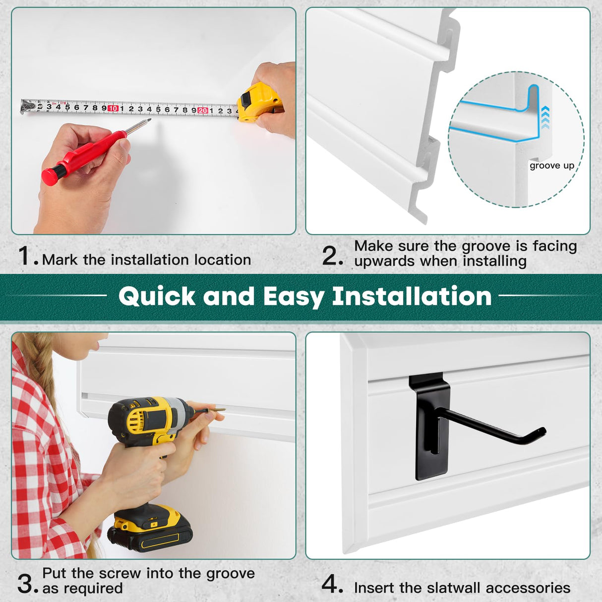 Alffun Slatwall Panels 6" H x 16" L, 3 Pack Garage Slat Wall Paneling, Heavy Duty Garage Wall Organizer with 4 Pack Slatwall Board End Caps, PVC White Alffun