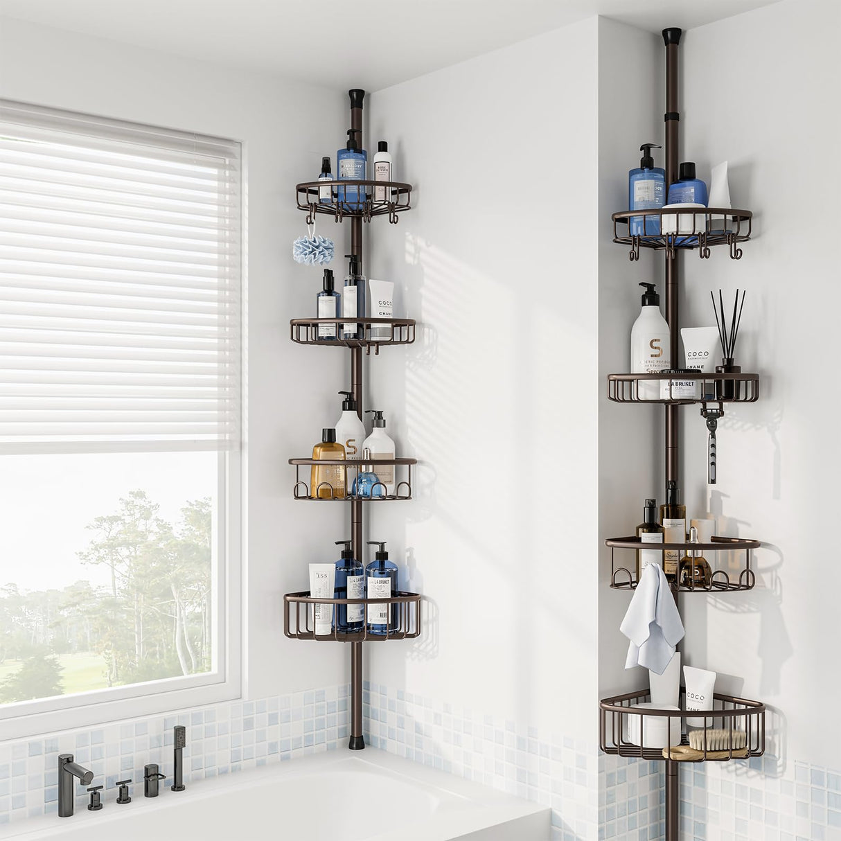 Corner Shower Caddy Tension Pole: Stainless Steel Rustproof 4-Tier Shower Organizer - 47-121 inch Adjustable Bathroom Shelves for Bathtub Shampoo Storage - Tension Rod Floor Standing Bath Rack -Bronze ESSEME