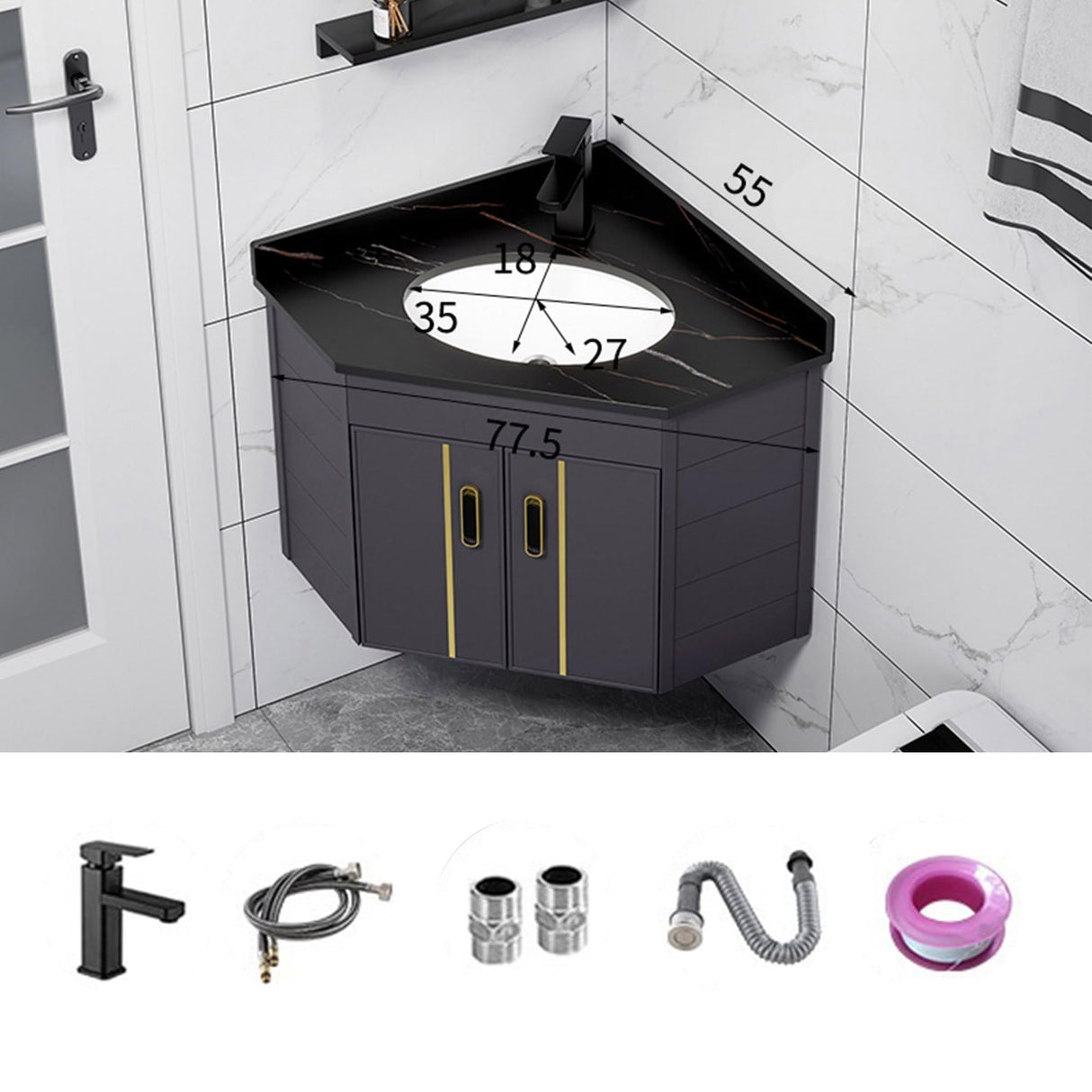 Small Corner Bathroom Cabinet Vanity With Sink Floating Vanity Bathroom Narrow Depth Vanities Lavamanos de Baño Modernos with Top,Hot & Cold Faucet Combo,Storage Space,for Small Space Black/White/Grey JOSIAHCQ