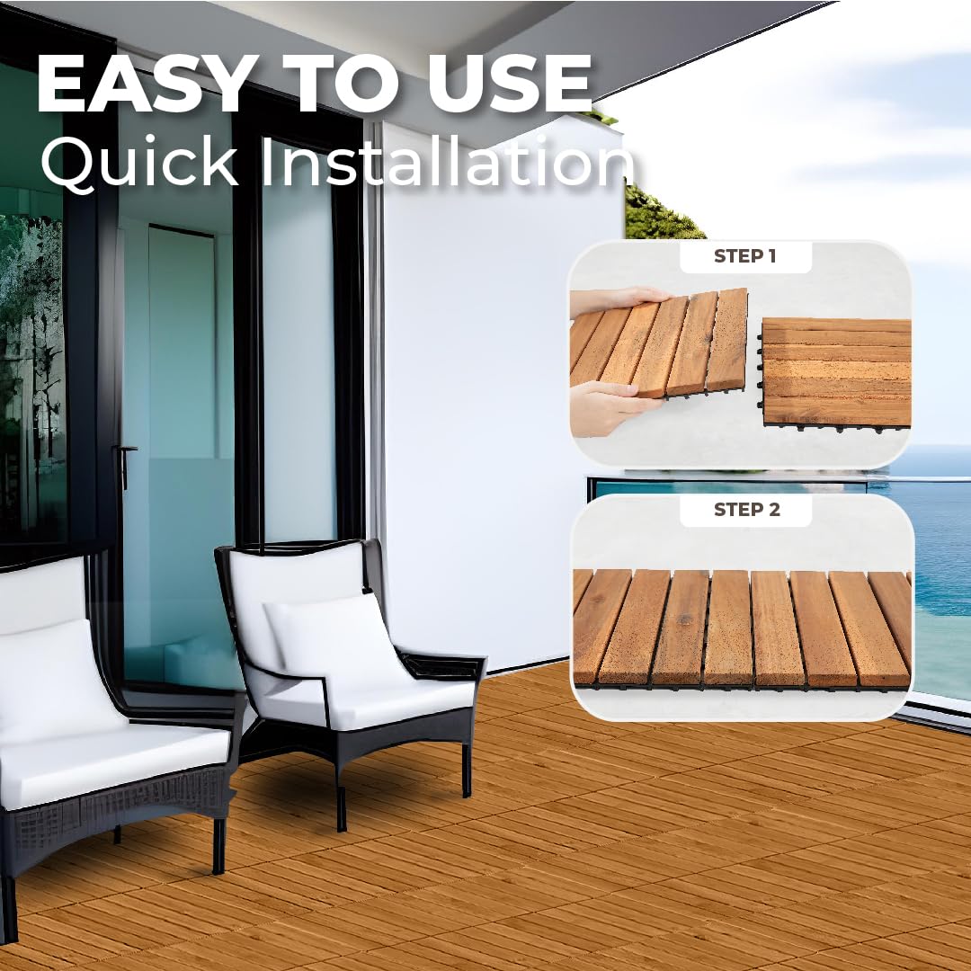 Pack of 10 Deck Tiles - 12"x12" Interlocking Natural Solid Acacia Wood for Outdoor & Indoor, Patio Garden, Balcony, Poolside - Teak Color AN68