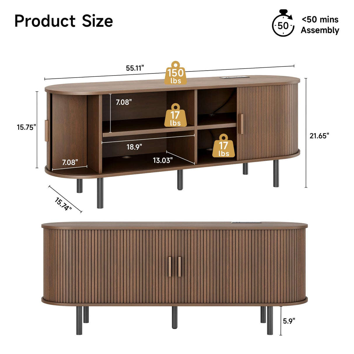 ONBRILL 55" TV Stand with Power Outlet for TVs up to 60 Inch, Entertainment Center with Storage and Adjustable Shelves, Modern Media Console with Sliding Doors for Living Room, Walnut ONBRILL