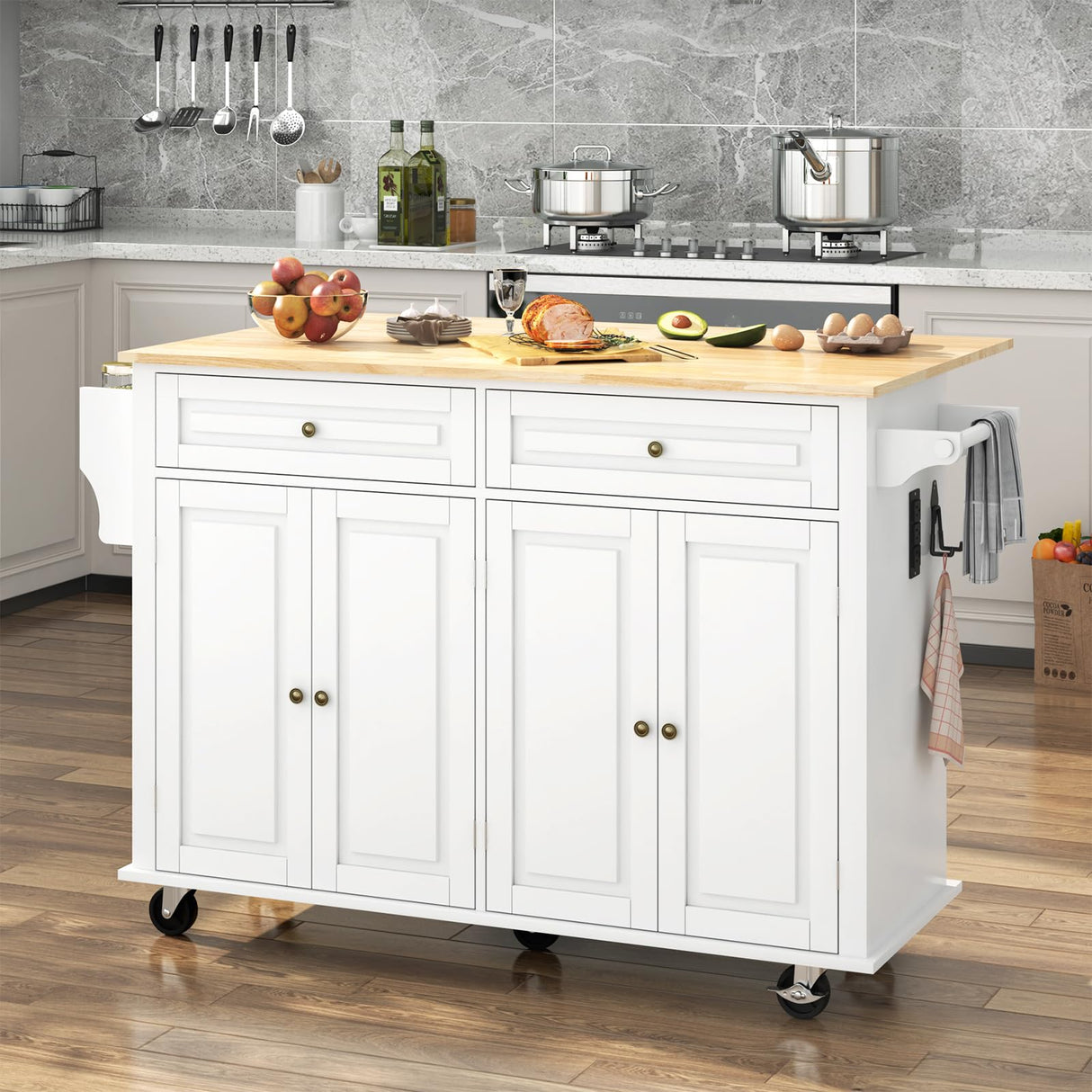 Hlivelood 55" Movable Kitchen Island with Drop Leaf and Power Outlet, Rolling Island Cart w/Storage Cabinet, Island Table on Wheels for Kitchen w/2 Drawers, Spice Rack, Towel Bar, Garage Hook, White Hlivelood