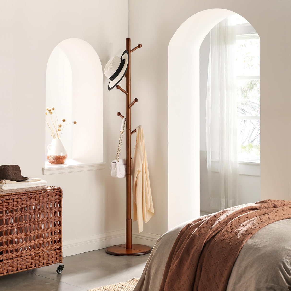 VASAGLE Solid Wood Coat Rack, Wood Hall Tree, Coat Rack Stand with 7 Rounded Hooks, Stable Round Base, 3 Height Options, for Living Room, Bedroom, Home Office, Dark Walnut URCR07WN VASAGLE