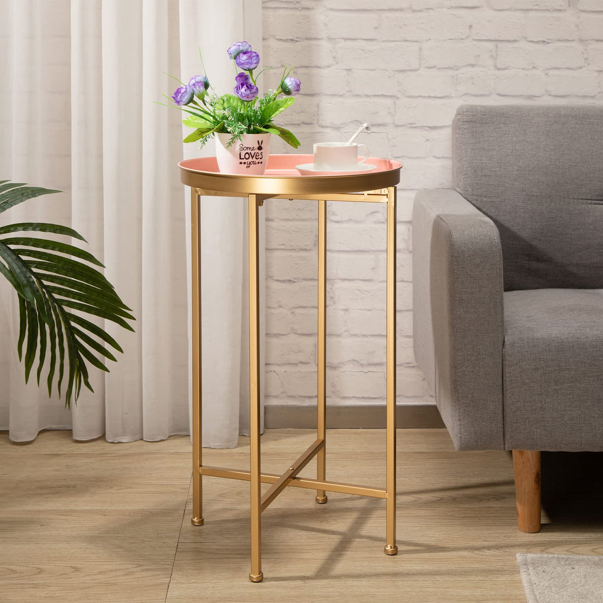 HollyHOME Small Round Metal End Table, Accent Indoor&Outdoor Coffee Side Table, Snack Sofa Table for Living Room, Anti-Rust Decorative Plant Stand, (D) 14.5" x(H) 25", Gold&Pink HollyHOME