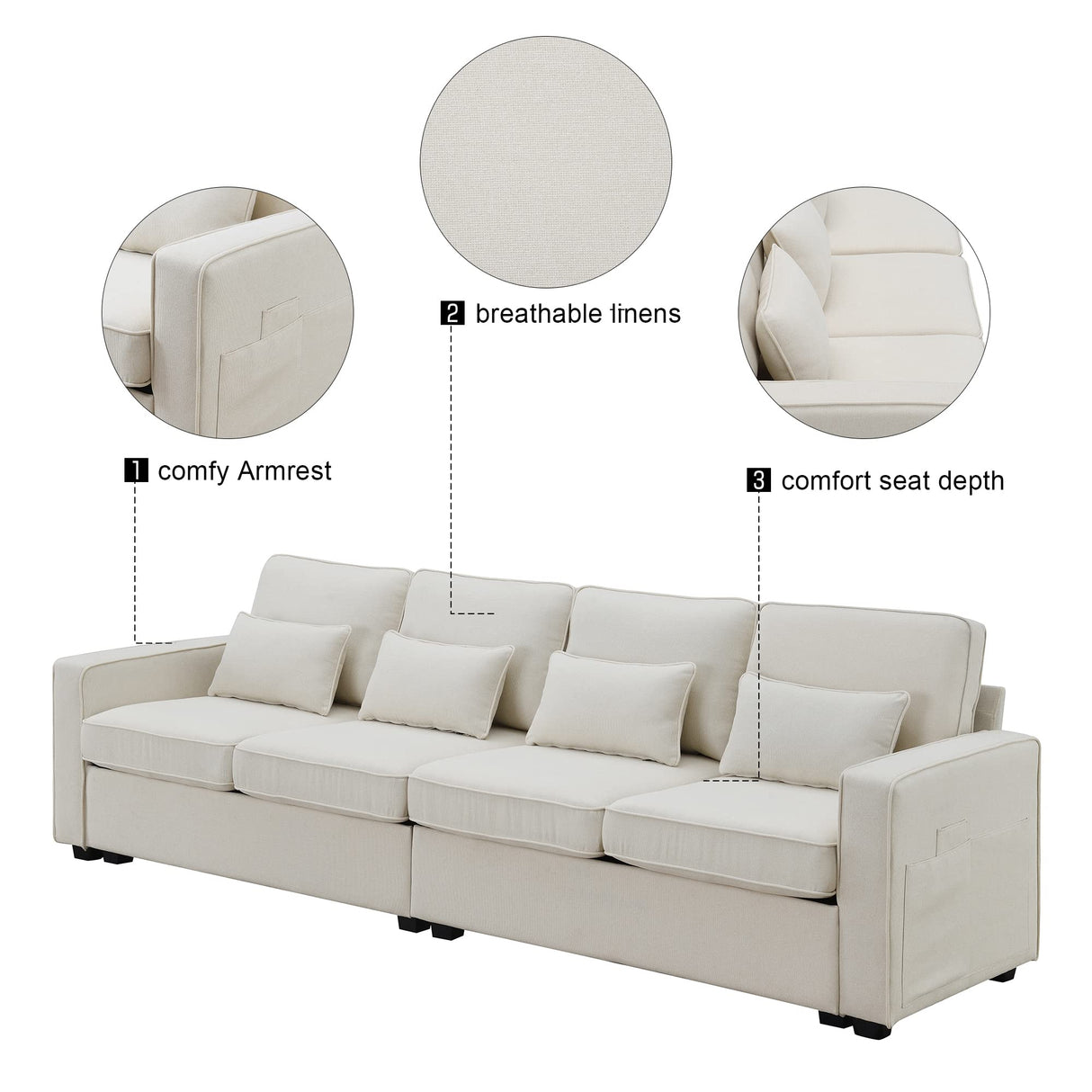 Harper & Bright Designs 104" 4-Seater Modern Linen Fabric Sofa with Armrest Pockets and 4 Pillows,Minimalist Style Couch for Living Room, Apartment, Office,3 Colors Harper & Bright Designs