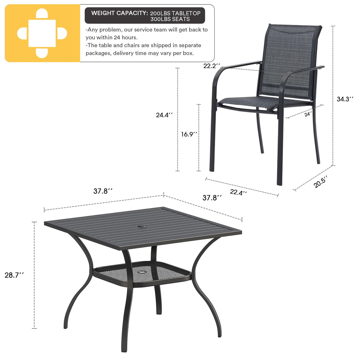 VICLLAX 5 Pieces Patio Dining Set, Outdoor Furniture Set Includes 1 Square Outdoor Table and 4 Stackable Patio Sling Chairs, Black Tabletop and Grey Fabric VICLLAX