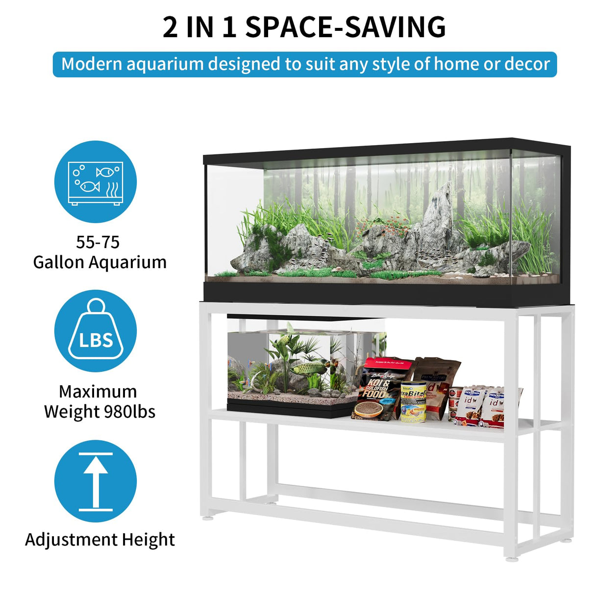 VOWNER 55-75 Gallon Fish Tank Stand - Metal Aquarium Stand, 48.4" x 14.9" x 29.5" Heavy Duty Reptile Tank Stand, Adjustable 2-Tier Fish Tank Rack Shelf for Home Office, Tank not Included, White VOWNER