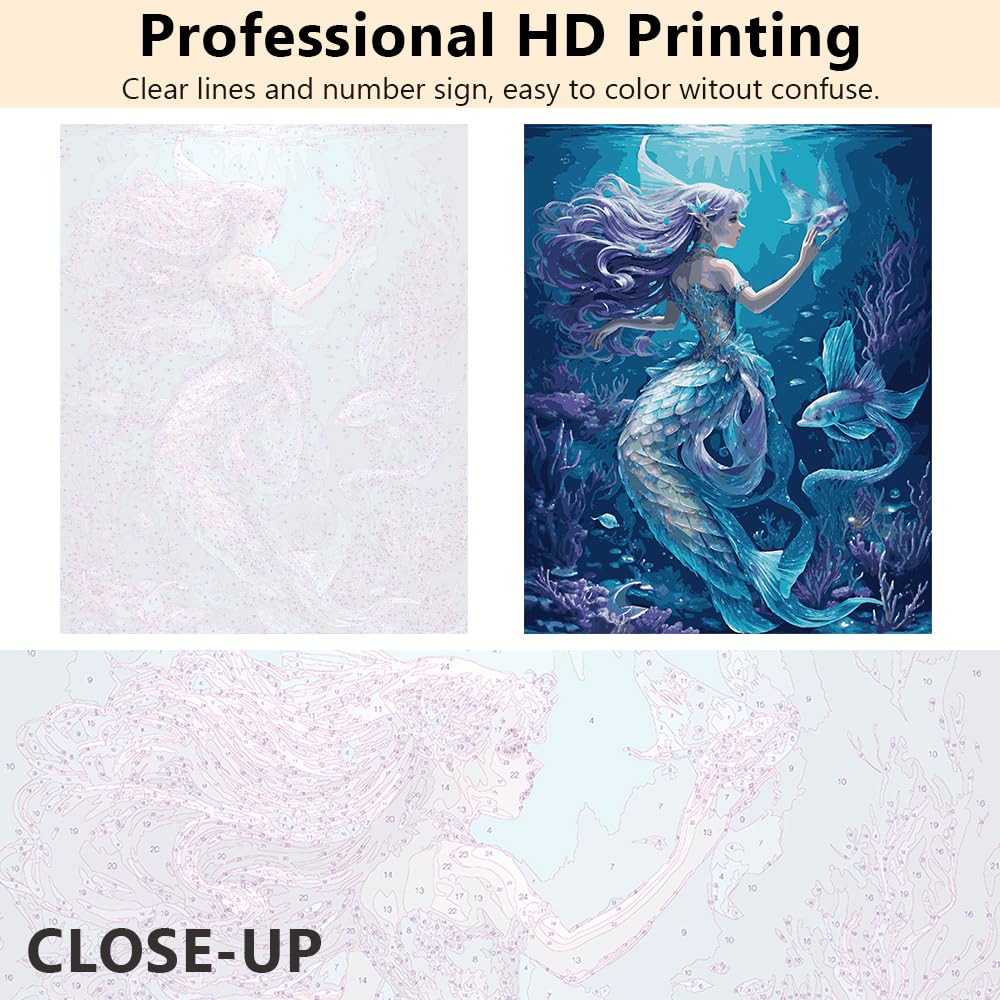 Adult Paint By Number Mermaid Girl of the Sea Painting By Numbers Ocean Princess Paint By Number Artwork for Girl Kids Gift Modern DIY Home Wall Decor for Living Room Bedroom Canvas Art 16x20 Inch Rebotipy