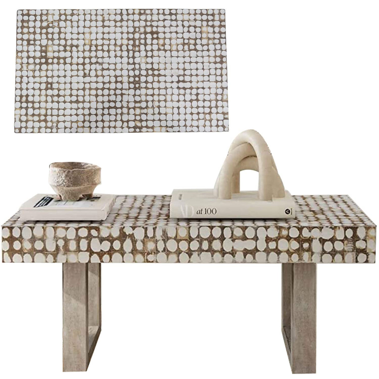 East at Main White Coffee Table – Handmade Accent Table with Coconut Shell Inlay, 40" Rectangular Wood Table for Living Room, Coastal Farmhouse or Boho Decor East at Main