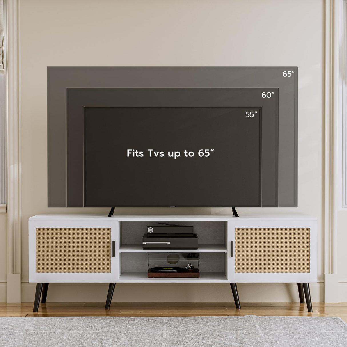 ZttRiee TV Stand for TVs up to 65'', Mid Century Modern Entertainment Center with Rattan Door, Shelves & 2 Cabinets, Boho Media TV Console for Living Room, Bedroom, White ZttRiee