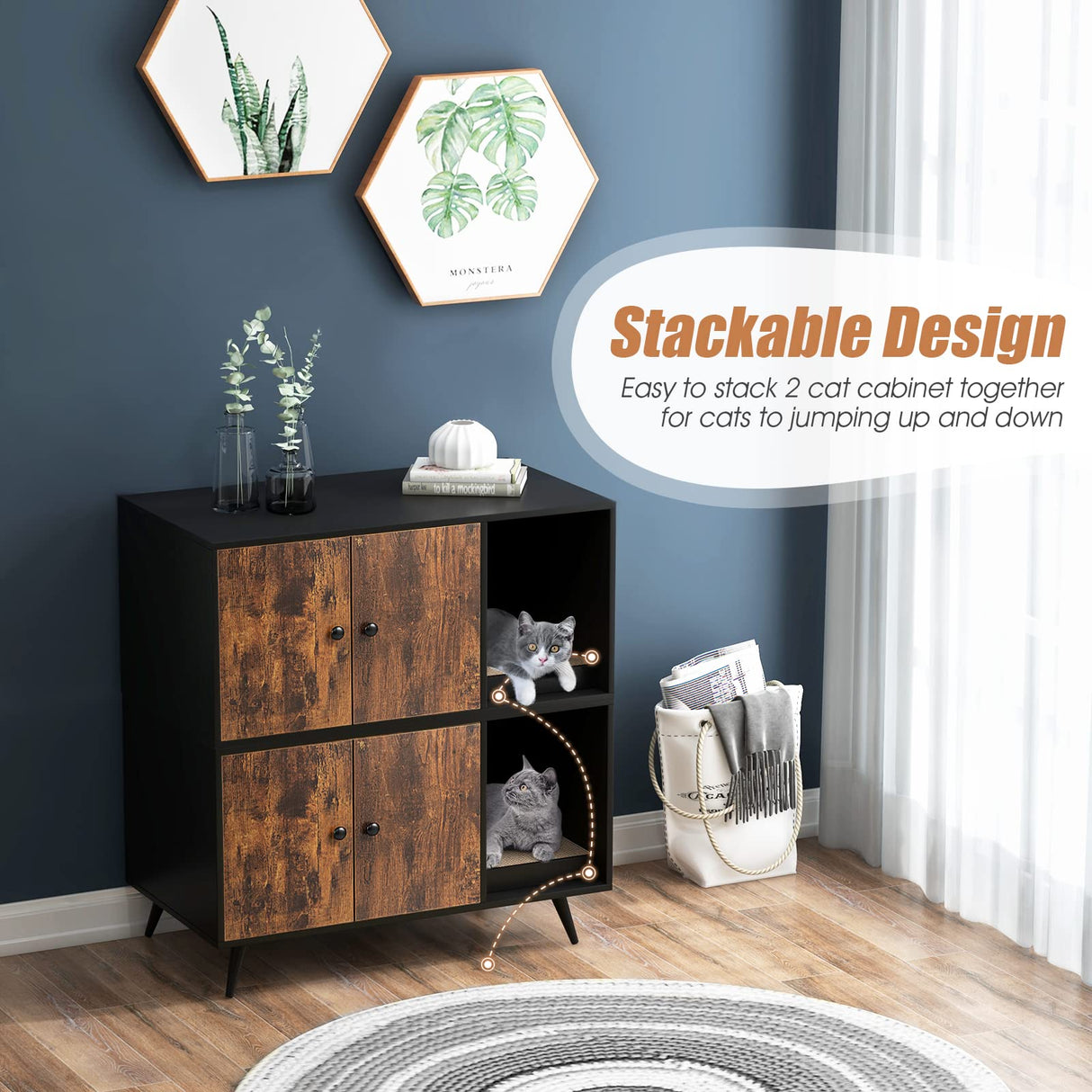 PETSITE Litter Box Enclosure, Wooden Hidden Litter Box Furniture with Cabinet & Scratching Pad, Stackable Cat Washroom Pet House End Table PETSITE