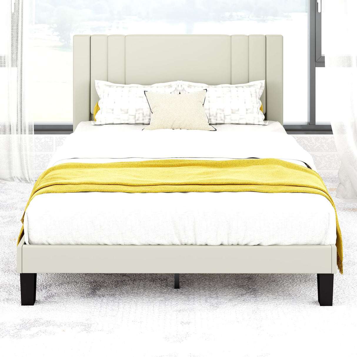 Queen Size Bed Frame, Velvet Upholstered Platform with Headboard, Beige(Beige, Queen (U.S. Standard)) Tyndall