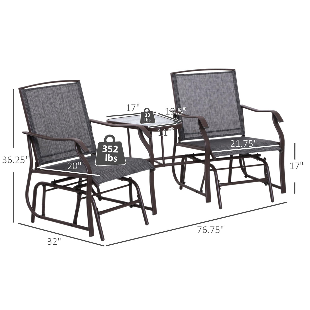 Outsunny Outdoor Glider Chairs with Coffee Table, Patio 2-Seat Rocking Chair Swing Loveseat with Breathable Sling for Backyard, Garden, and Porch, Gray Outsunny