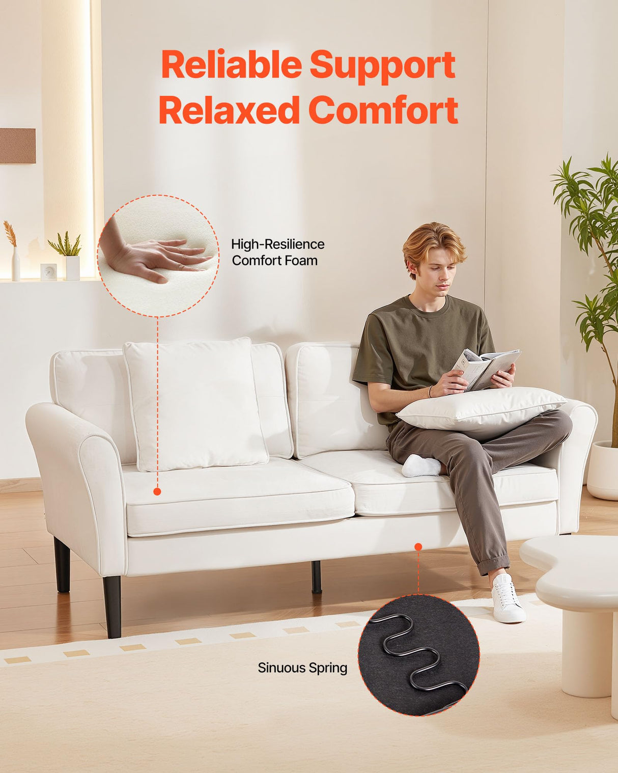 VEVOR Loveseat Sofa, 69-Inch Small Sofa Couch for Living Room, Velvet Fabric 2-Seats Couch with Sinuous Spring, Soft Cushions and Sturdy Frame, Comfy Loveseat for Bedroom, Office or Apartment, White VEVOR