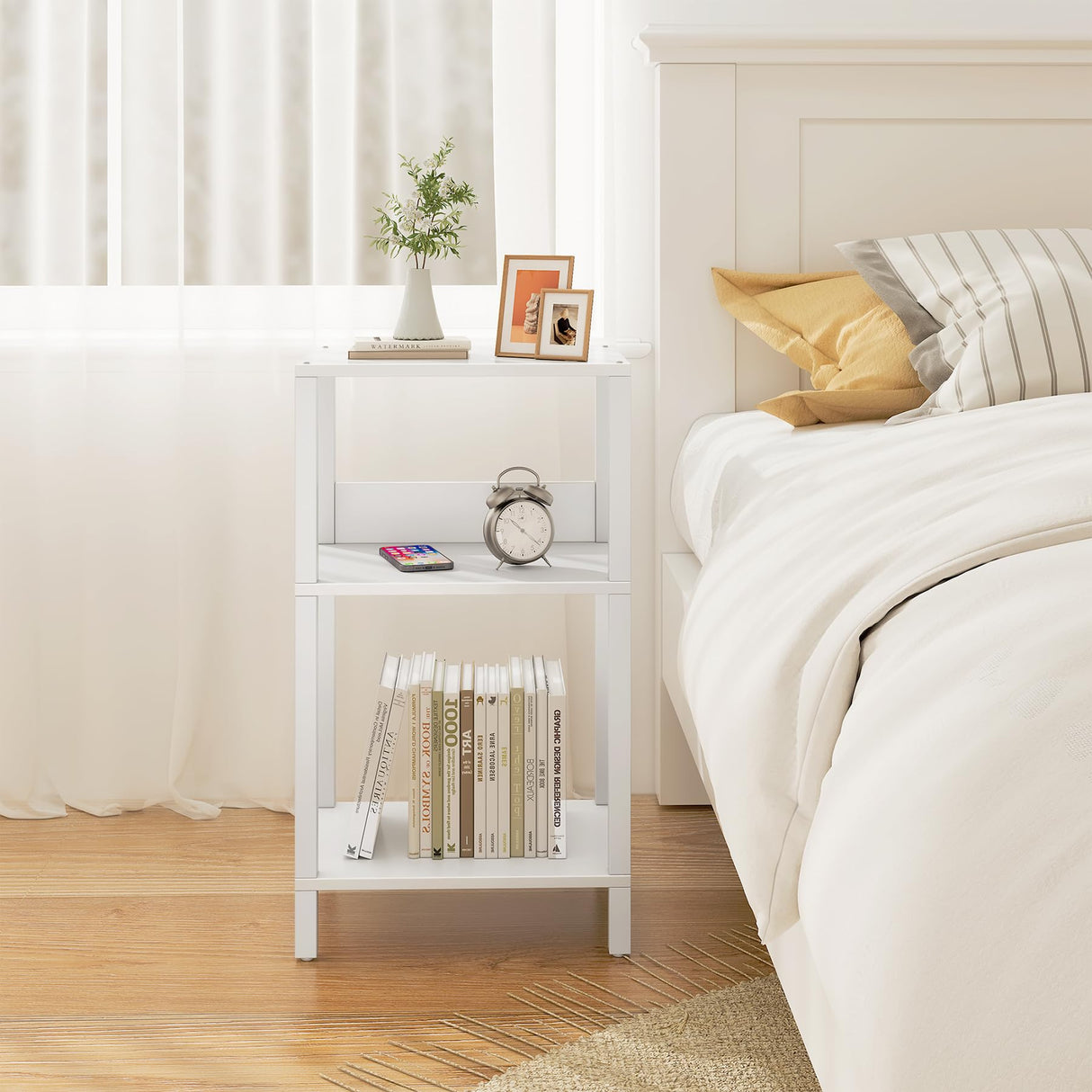 TUTOTAK Record Player Stand with Storage Up to 100 Albums,Record Storage Table,3 Tier End Table,Side Table for Living Room, Bedroom, White TB01BW075 TUTOTAK