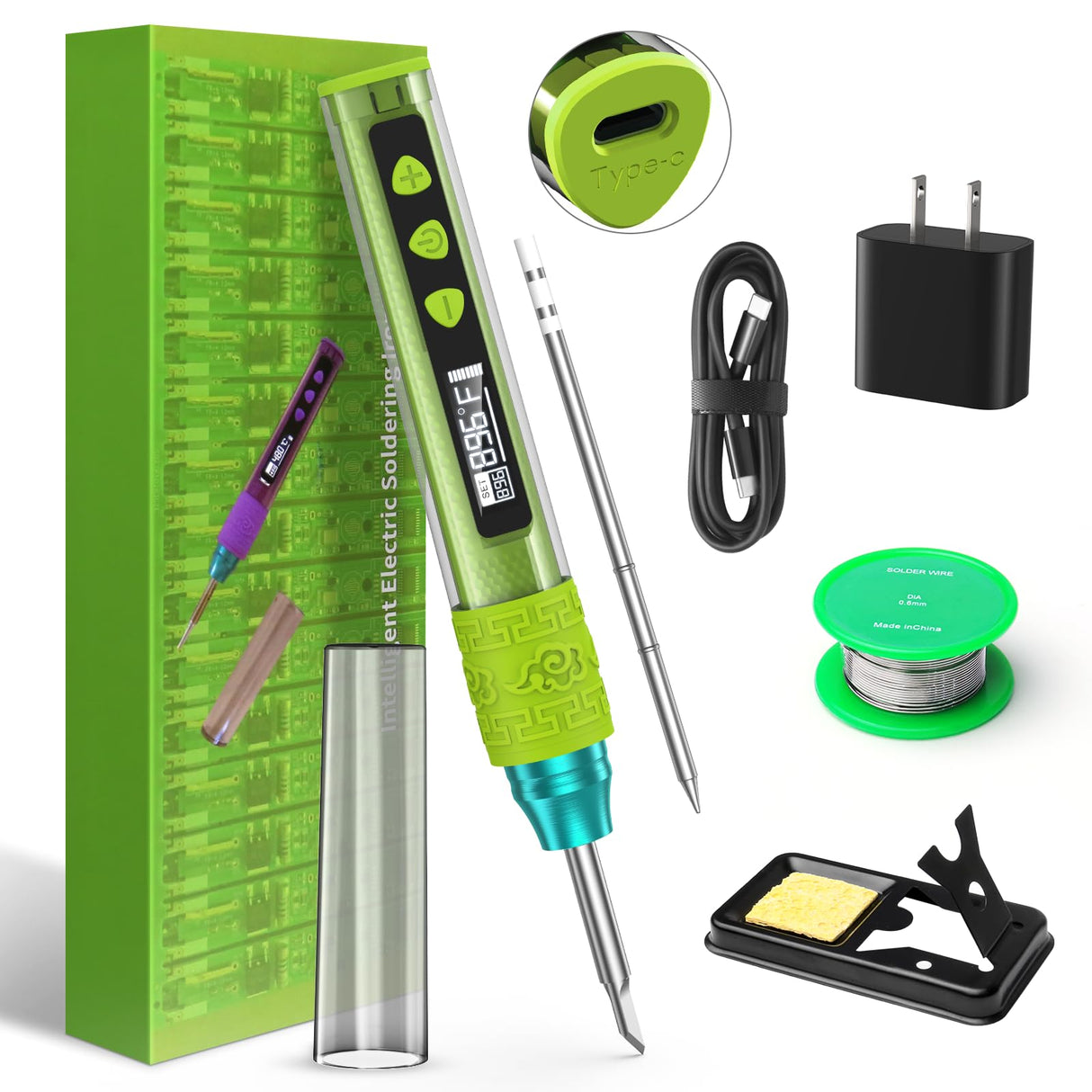 Soldering Iron Kit, Soldering Gun with OLED Digital Display, 8 Seconds Fast Heating 356-896℉ Solder Kit, Auto Sleep, Includes Solder Wire, Stand, T12 Tips for Electronics, Green(With Power Adapter) Crtsweker