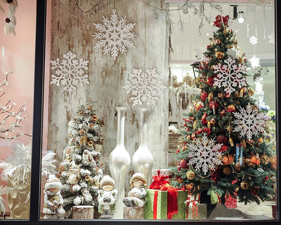6pcs Large White Snowflakes Ornaments 12” Big Plastic Glitter Snowflake for Winter Indoor Outdoor Christmas Tree Window Room Decorations Giant Craft Snowflakes kockuu