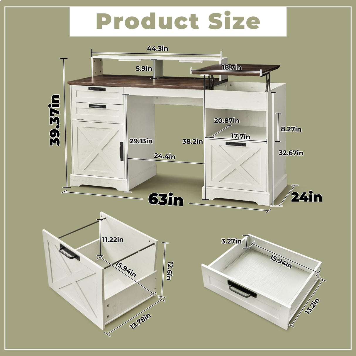 JanflyHome Executive Desk with File Storage Drawer, 63" Lift Top Farmhouse Home Office Gaming Desk with Charging Station, 3 Drawers Sensor Lights Wood Computer Table with Monitor Stand, Antique White JanflyHome