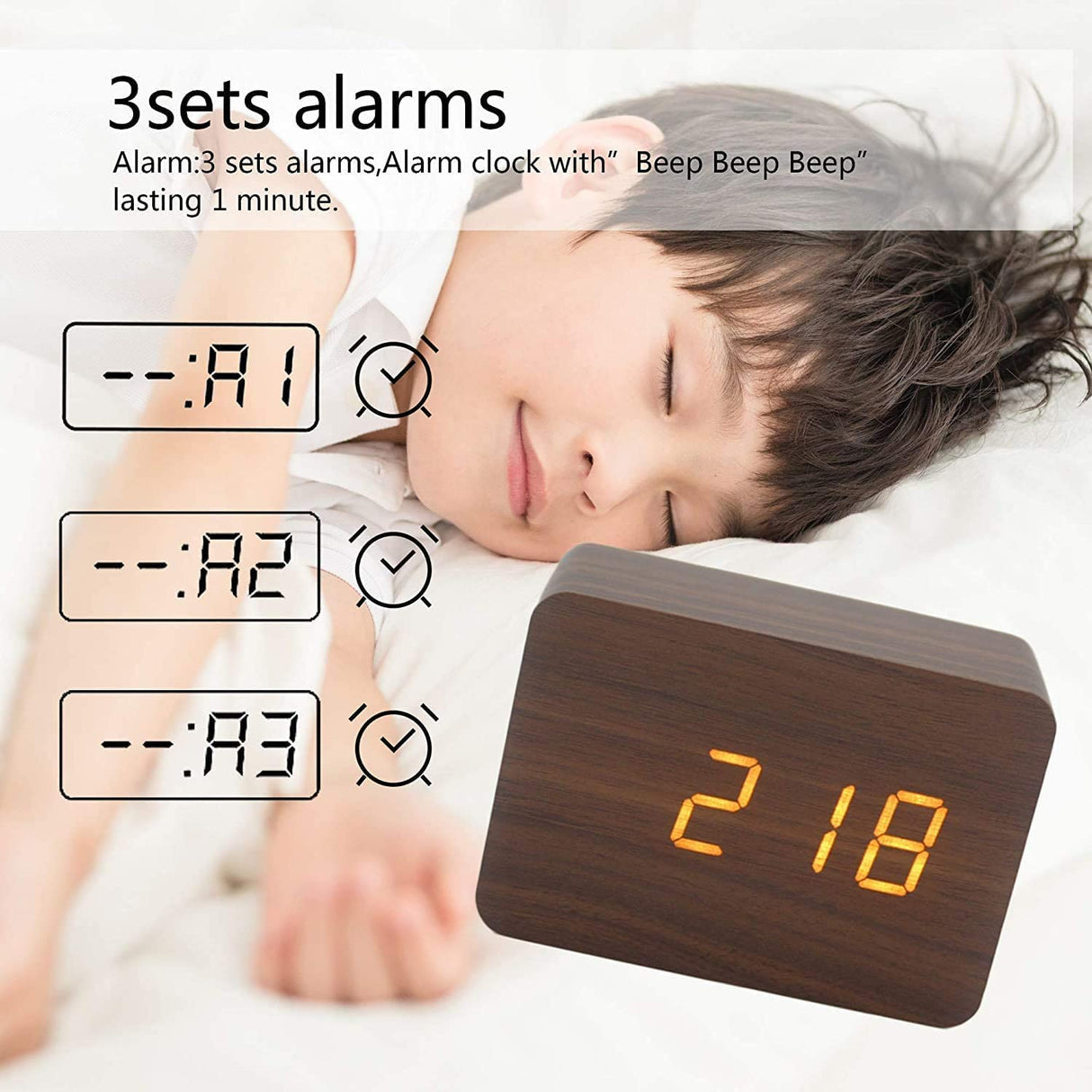 BIOMII Wooden Digital Alarm Clock Electronic LED Time Display,4 Level Adjustable Brightness and Voice Control, Display Time Temperature Date for Bedroom Office Kids and Families,Brown BIOMII