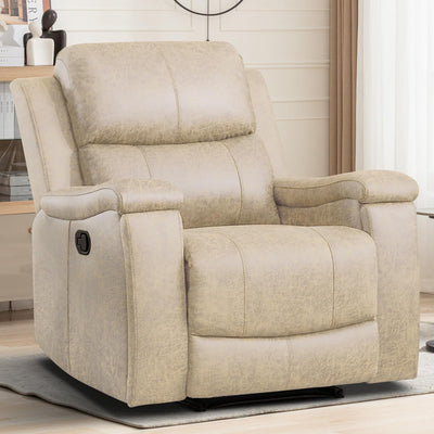 EBELLO Recliner Chair, Single Overstuffed Sofa Recliner, Breathable Faux Leather Manual Reclining Chairs with Hidden Cup Holder, Arm and Back for Adults, Living Room, Bedroom, Beige