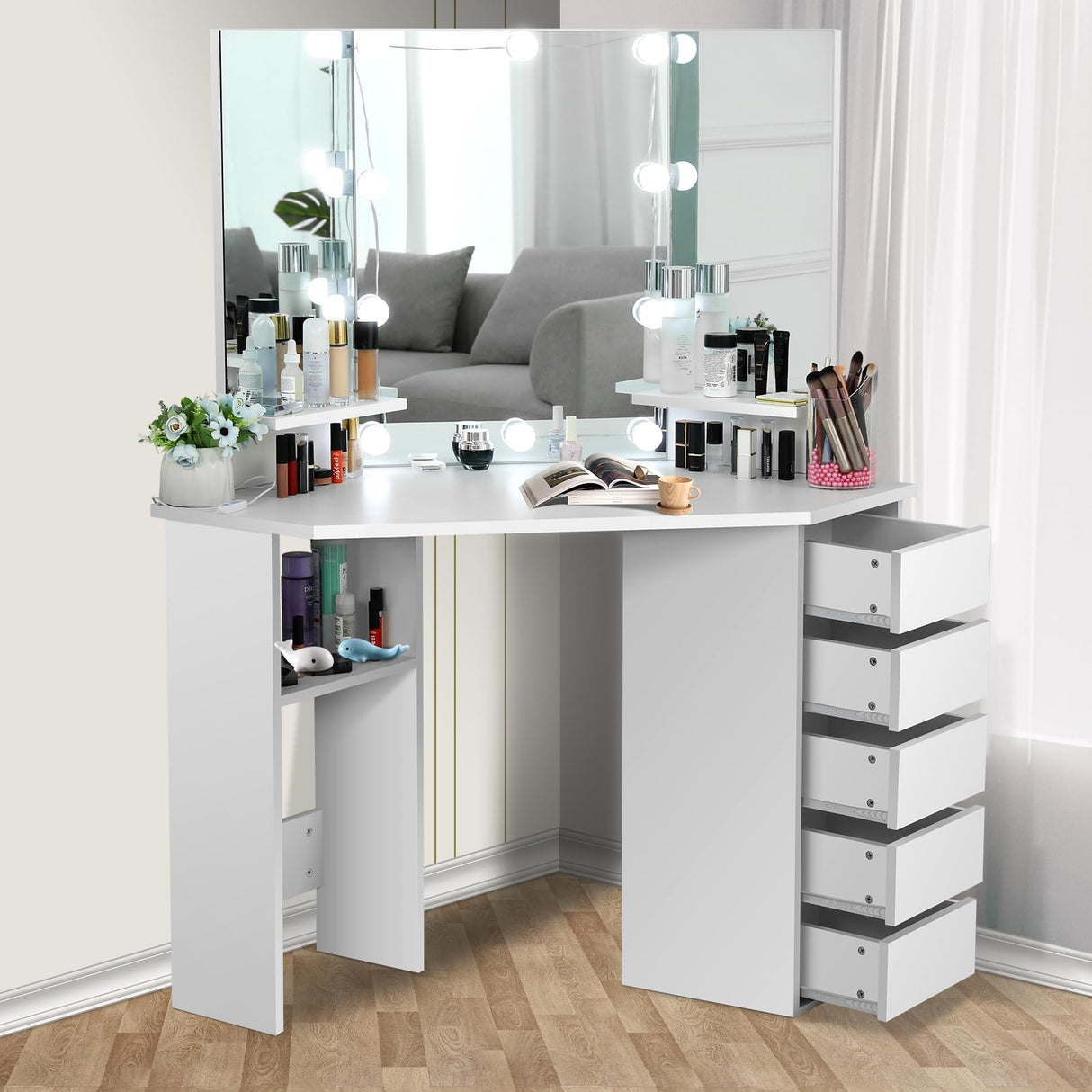 elifine Vanity Desk with Mirror and Lights, Makeup Corner Vanity with 5 Storage Drawers Shelves and 3 Dimmable Lighting Options and Vanity (White) elifine