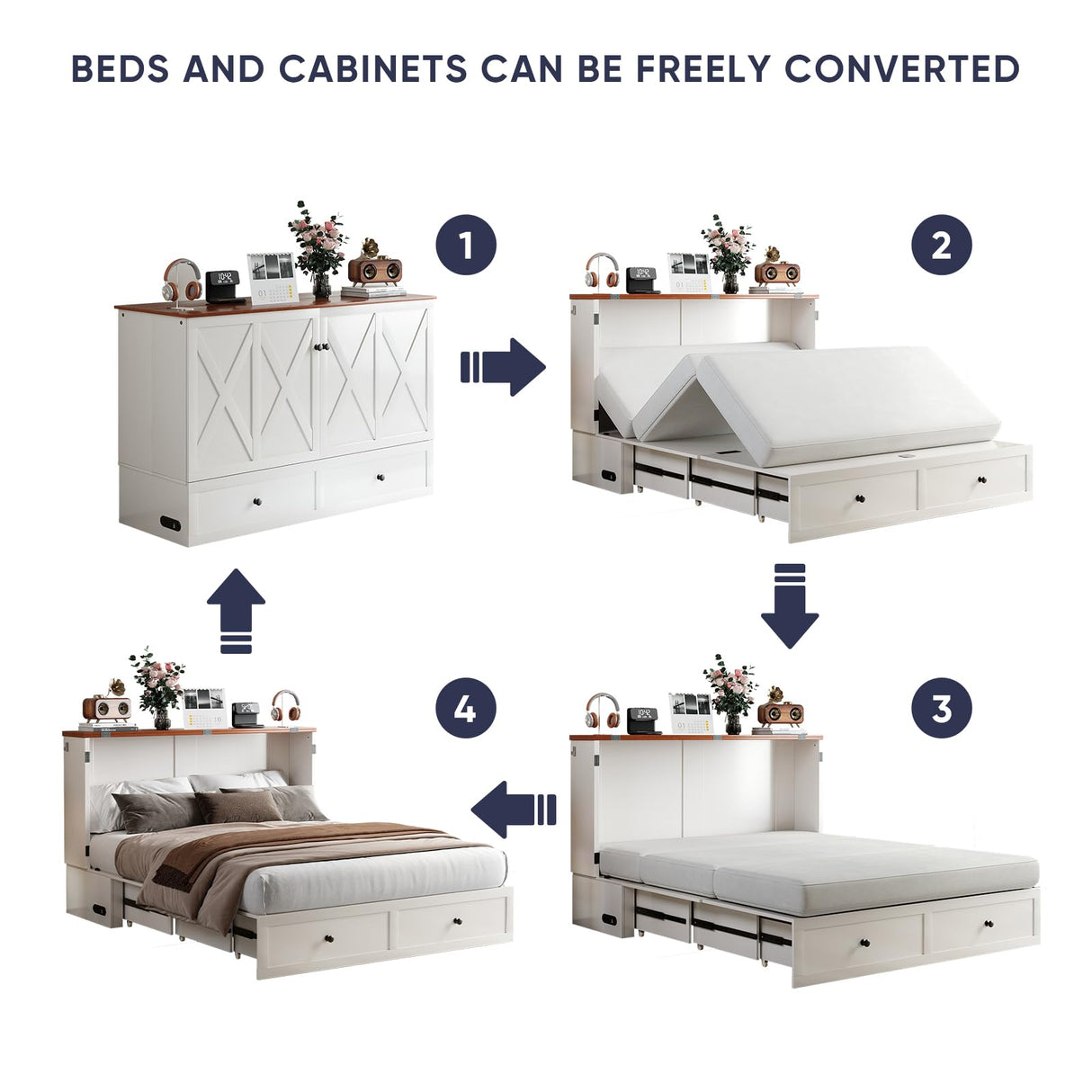 ijuicy Queen Murphy Bed with Storage & Multifunctional Charging Station, Farmhouse Murphy Cabinet Bed with Foldable Panel, Space-Saving Beds for Guest Bedroom, Living Room-White & Brown,with Mattress ijuicy