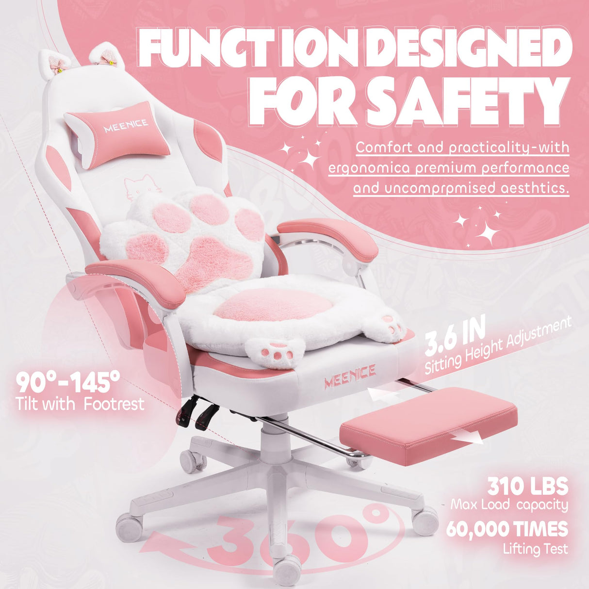 MEENICE Pink Gaming Chair Cute with Cat Ears Paw Lumbar and Cushion,Ergonomic Computer Chair with Footrest,Reclining PC Game Chair for Girl Computer Chair 300lbs for Adult MEENICE