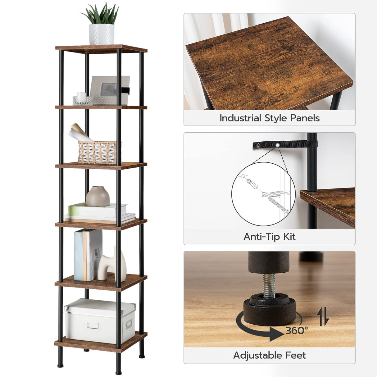 HOOBRO 6-Tier Rustic Brown and Black Corner Shelf for Stylish Storage and Display HOOBRO